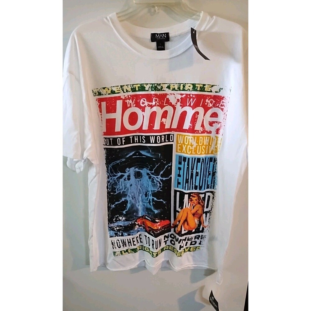 Boohoo Man Homme White Colorful Graphic Tee SIZE L nwt Clearance Sale 💲